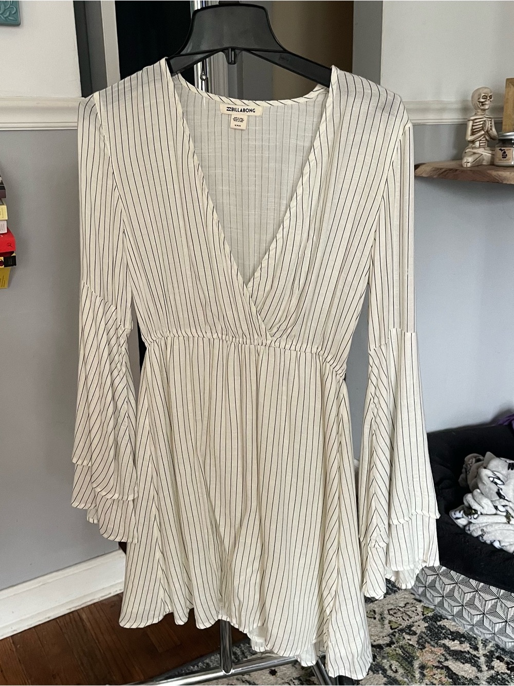 Billabong Cream and Black Striped V-Neck Mini Dress